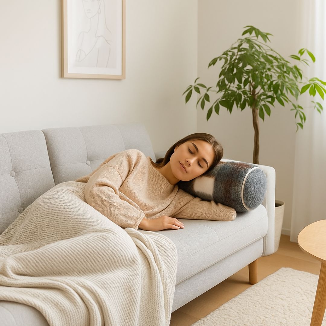 Double-sided grey checkered lambswool cylinder pillow