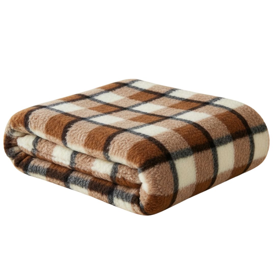Kétoldalas barna kockás bárány gyapjú takaró