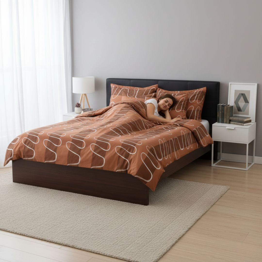 Cotton sateen duvet cover set - 3 pcs - Brown/White wave