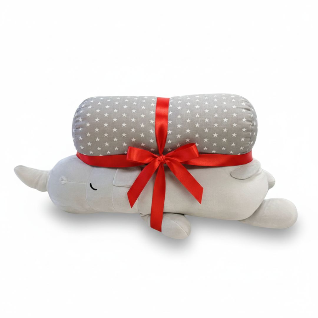 Puha pamut párnaszett hengerpárnával és szürke orrszarvúval