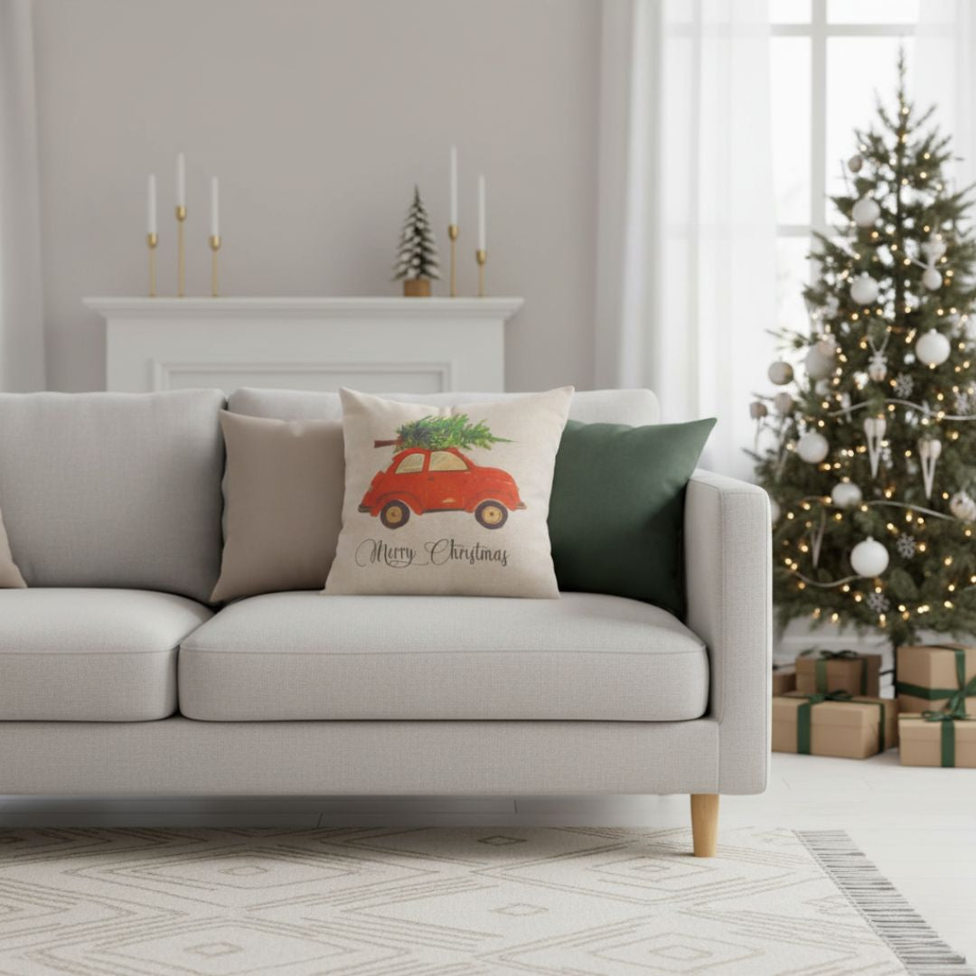 Merry Christmas díszpárna - Karácsonyfát szállító autóval oldalsó nézetből - 45x45 cm