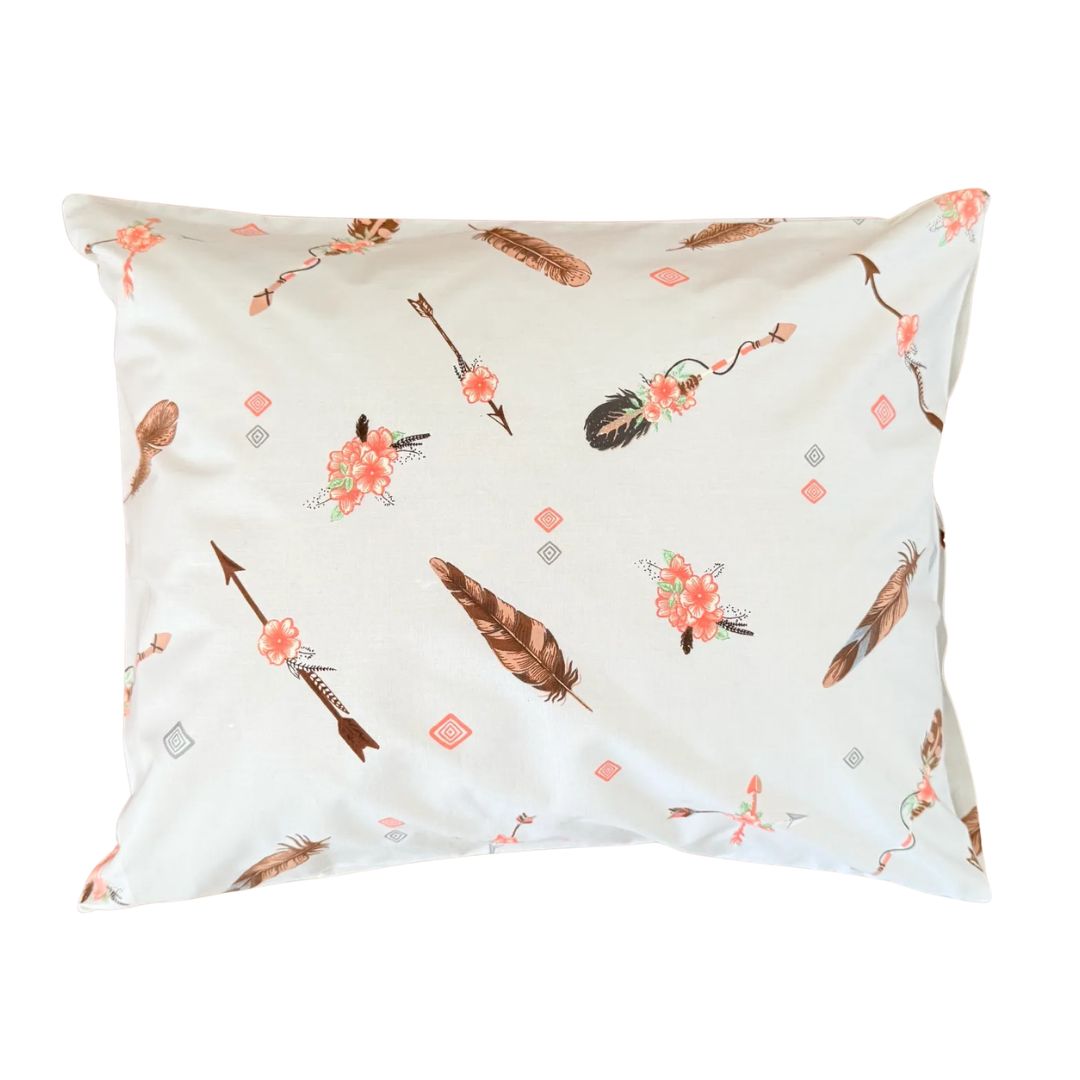 Pamut párnahuzat - Korall bohém toll virágokkal