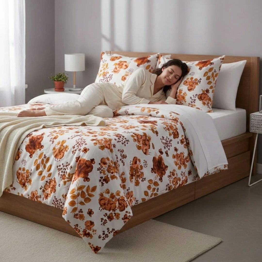 Flanel ágyneműhuzat garnitúra - 3 db-os - Meleg terrakotta virágmintás