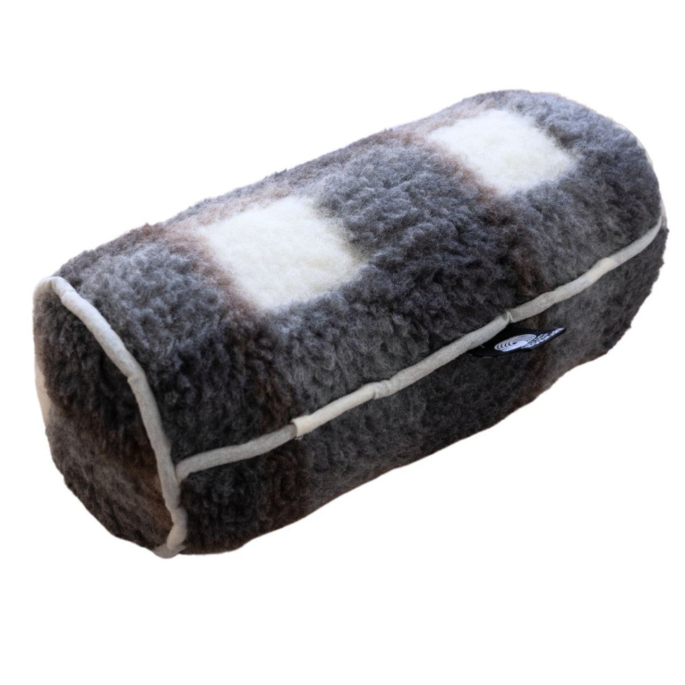 Double-sided grey checkered lambswool cylinder pillow
