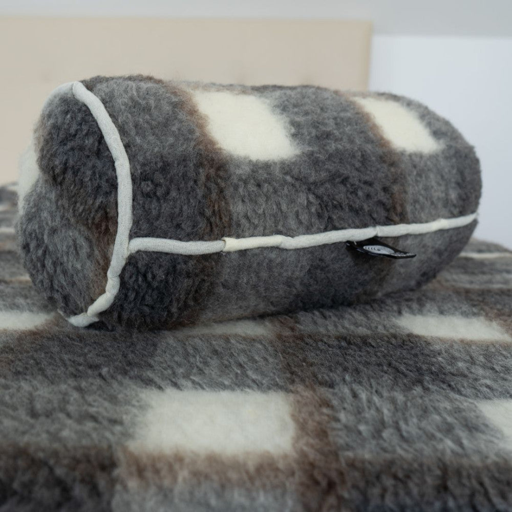 Double-sided grey checkered lambswool cylinder pillow
