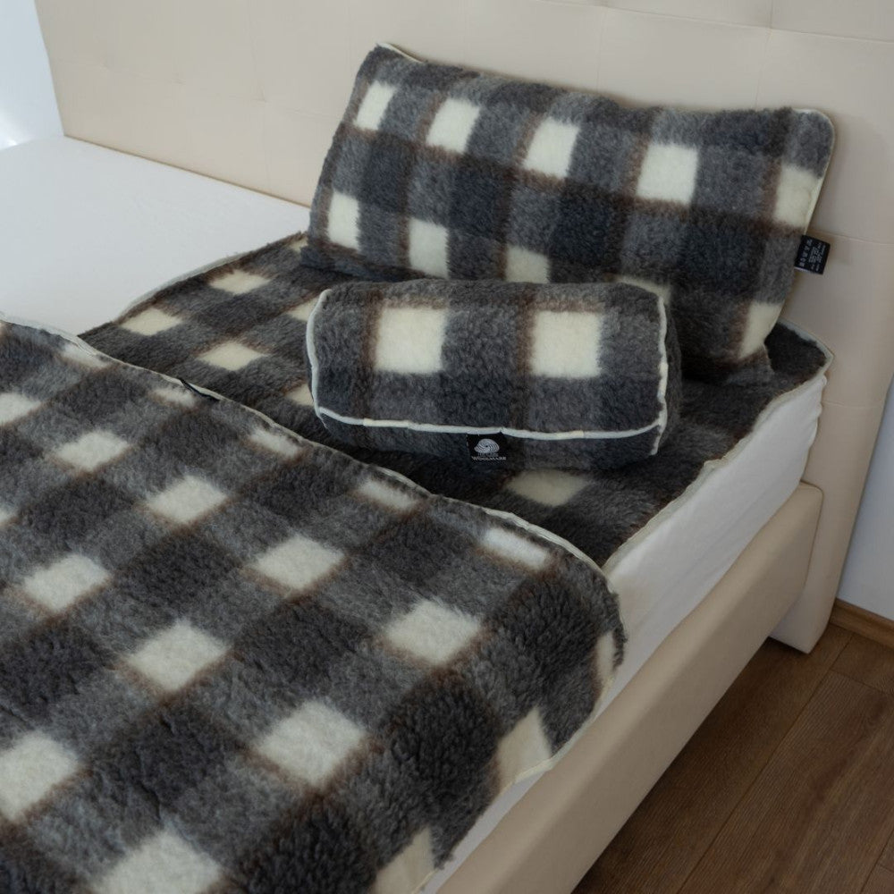 Double-sided grey checkered lambswool cylinder pillow