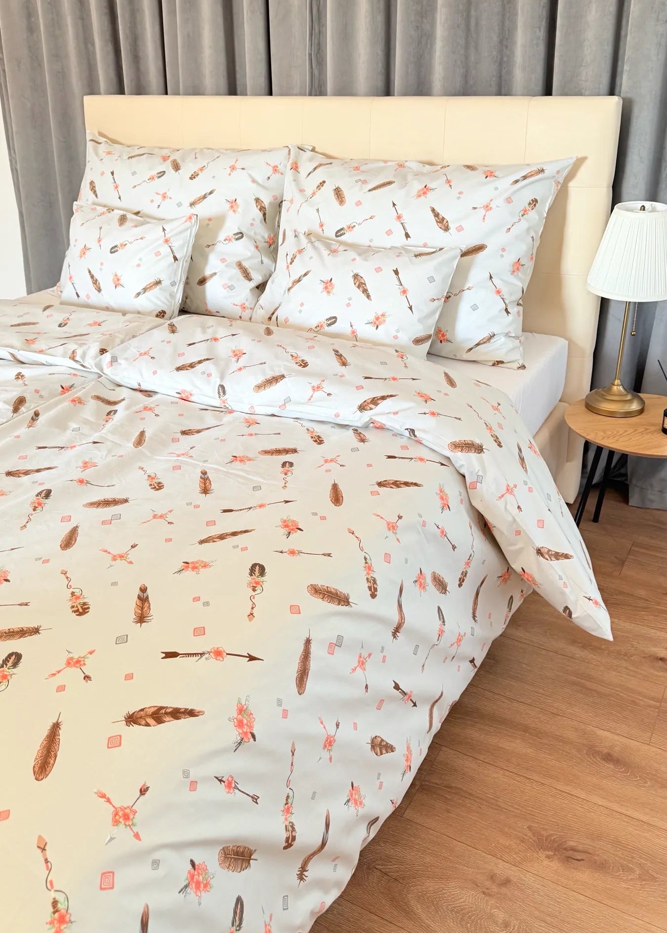 Pamut ágyneműhuzat garnitúra - Korall bohém toll virágokkal