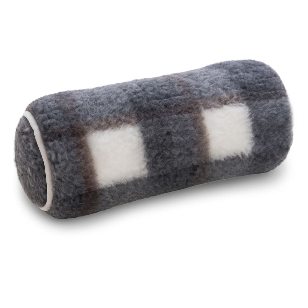Double-sided grey checkered lambswool cylinder pillow