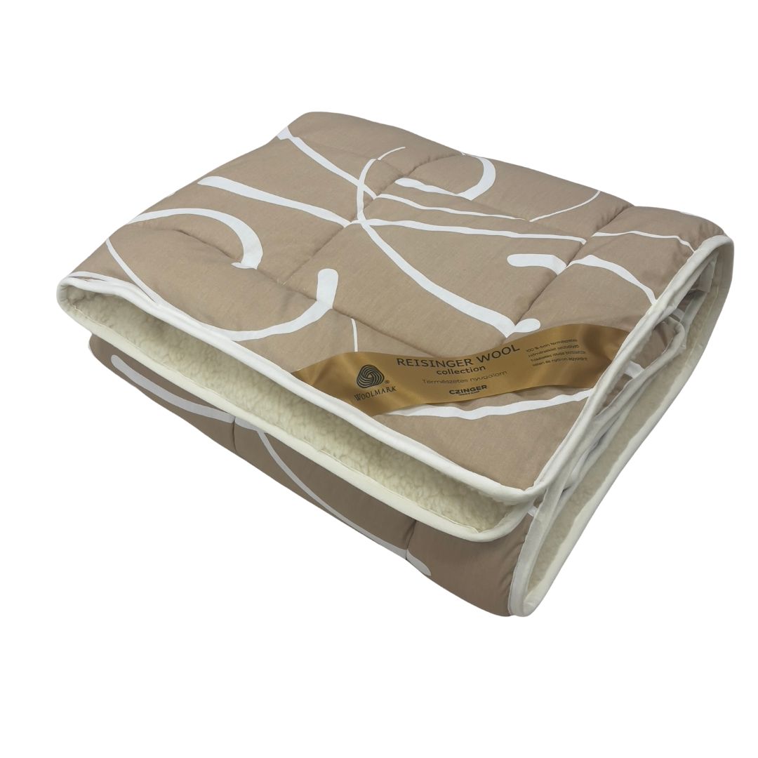 Winterdecke aus Merinowolle und Baumwolle – Beige/Blättermuster