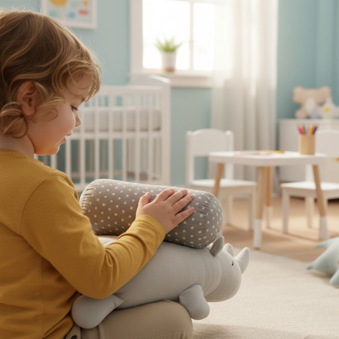 Puha pamut párnaszett hengerpárnával és szürke orrszarvúval