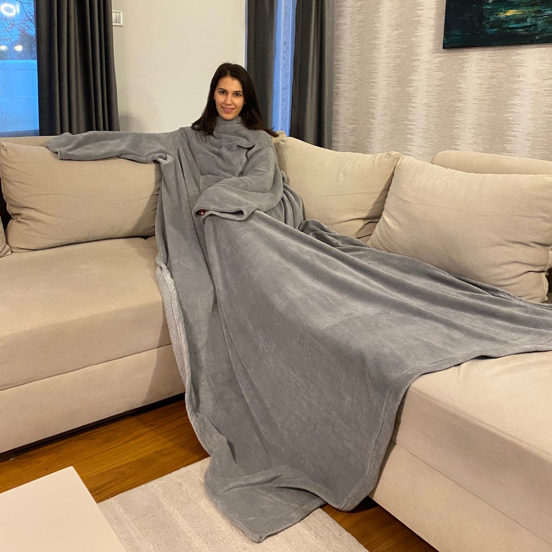 Pamut szürke pöttyös nyakpárna cozy belebújós pléddel - szett