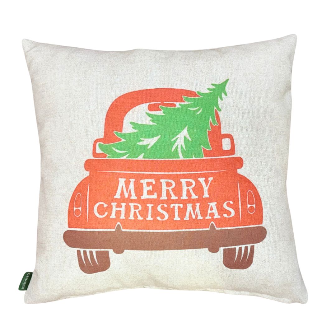 Merry Christmas díszpárna - Karácsonyfát szállító autóval hátsó nézetből - 45x45 cm