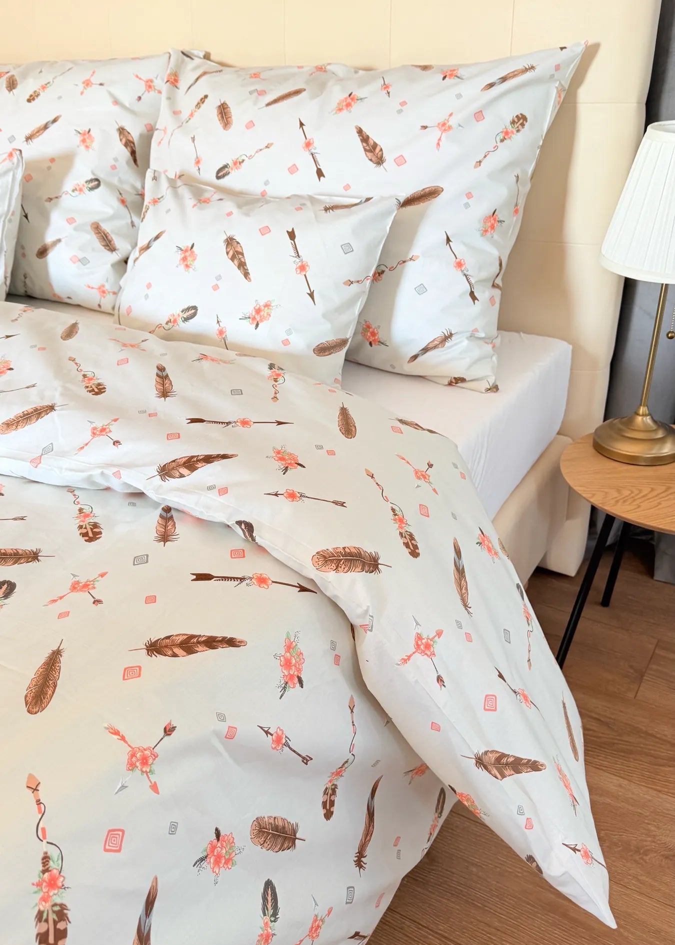 Pamut ágyneműhuzat garnitúra - Korall bohém toll virágokkal