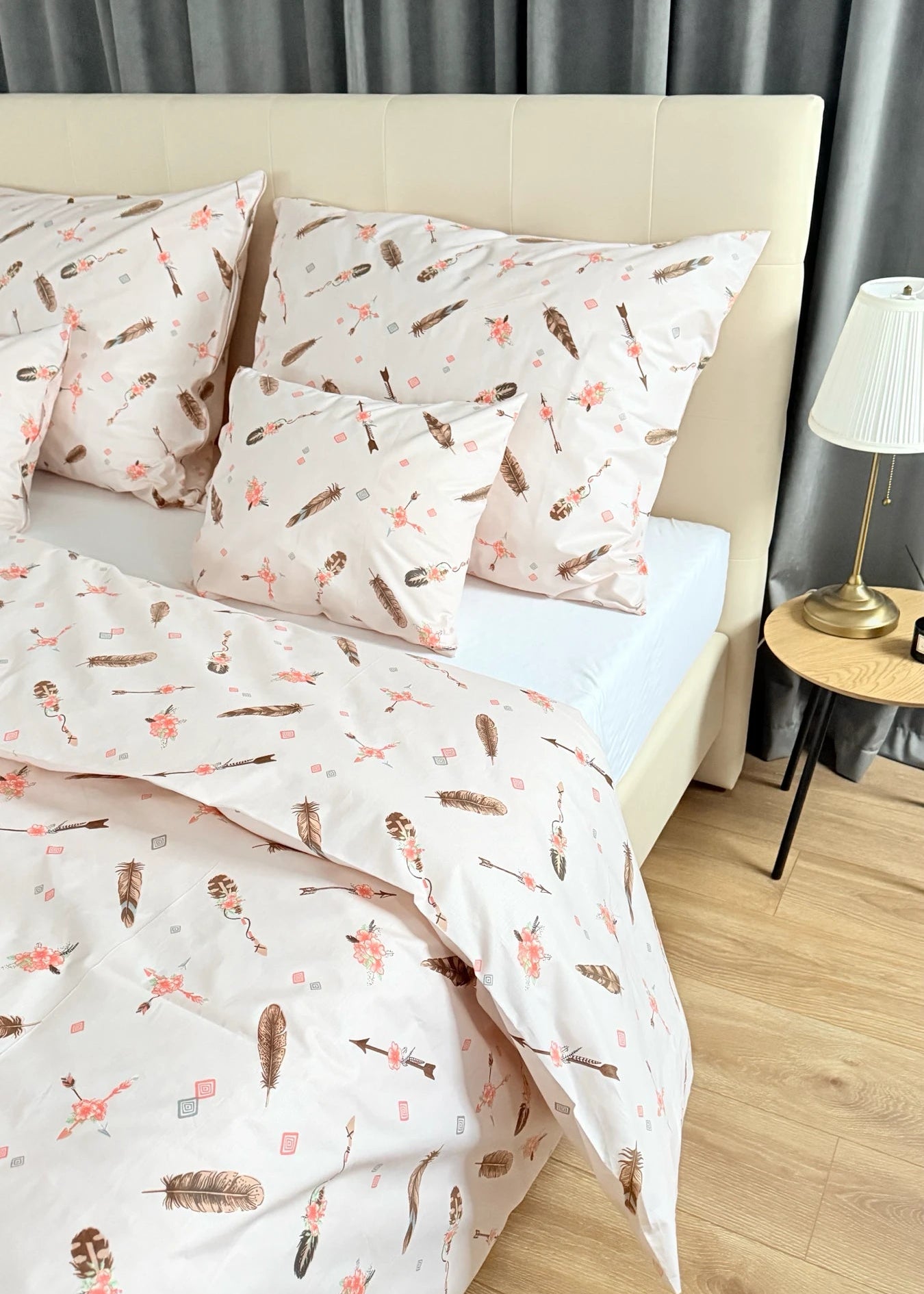 Pamut ágyneműhuzat garnitúra - Púder bohém toll virágokkal