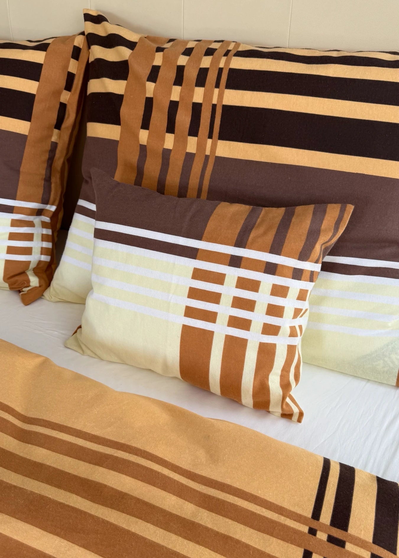 Flannel bedding set - 3 pieces - Beige/white