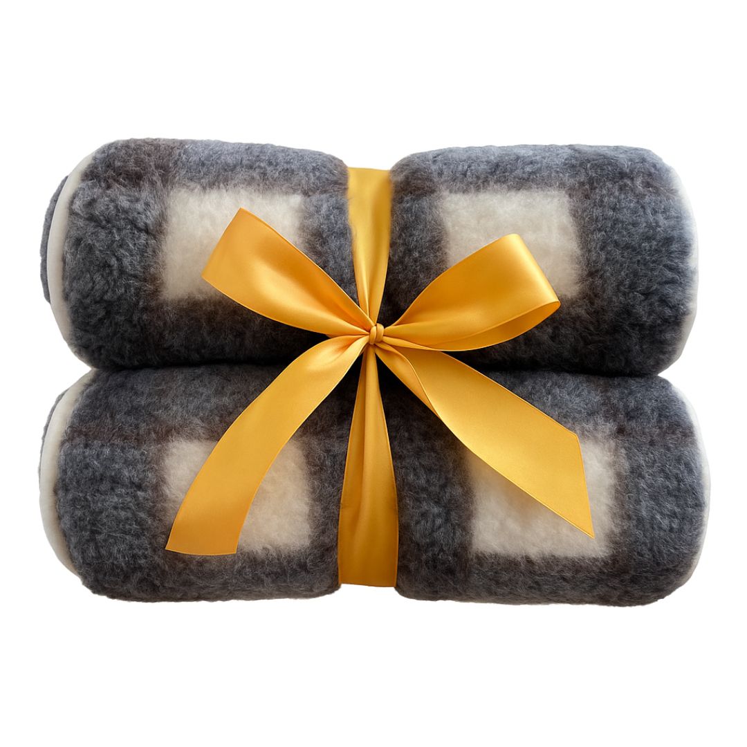 Doppelseitiges Zylinderkissen aus grau karierter Lammwolle 