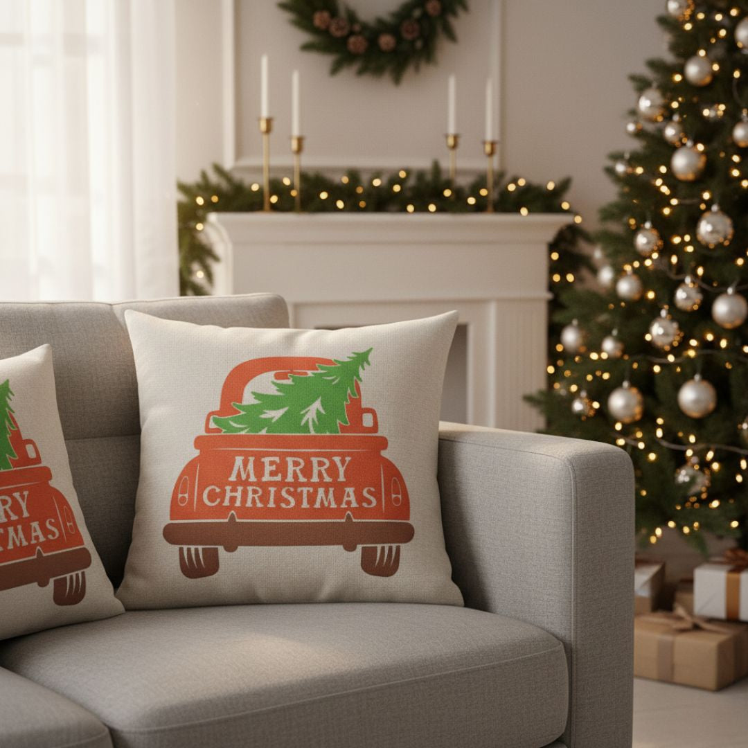 Merry Christmas díszpárna - Karácsonyfát szállító autóval hátsó nézetből - 45x45 cm