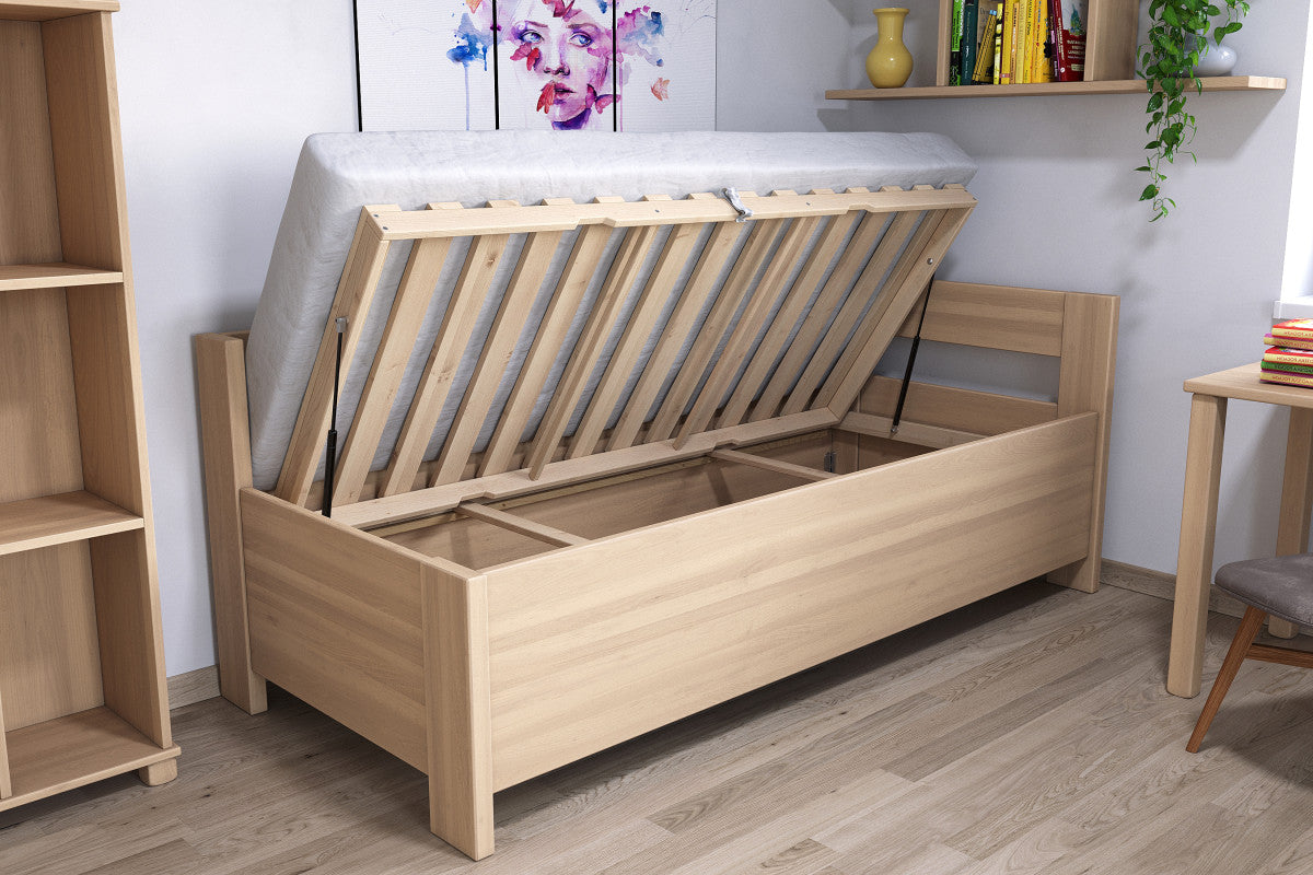 Luxus-Eckbett Ela aus Buche mit Auflage und Stauraum